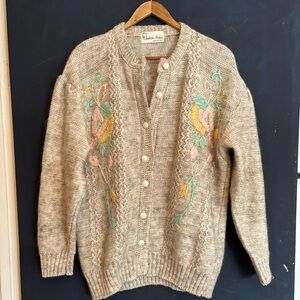 Embroidered Grey Beige Cardigan Sweater